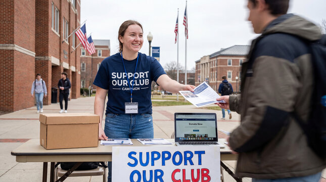 Happy young college woman standing at an outdoor table with a "Support Our Club" sign and laptop, handing a flyer to a male student on a brick university campus.