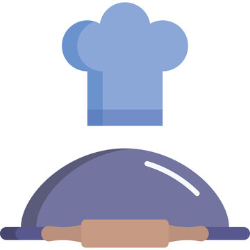 Blue Chef Hat Over Serving Dome and Rolling Pin on White Background