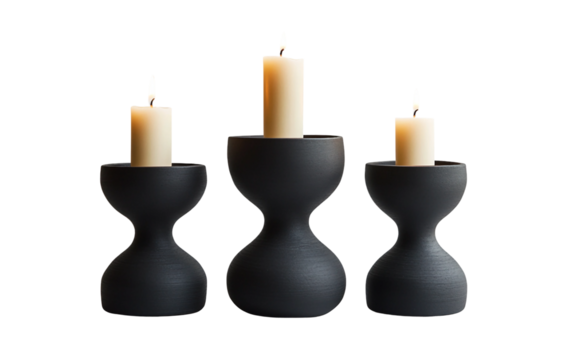 Creative flat lay of black candleholders perfect for contemporary interior design and decoration isolated on transparent background PNG - Powered by Adobe