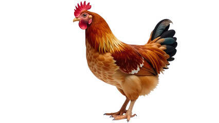 Fototapeta premium A rooster stands proudly on a white surface, its feathers glistening in the light