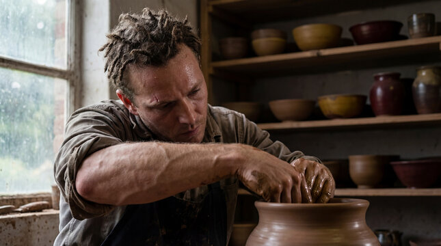 A concentrated Caucasian male artisan with dreadlocks and sweat on his forehead shapes a wet clay pot on a spinning wheel in a pottery workshop with shelves of ceramic bowls.