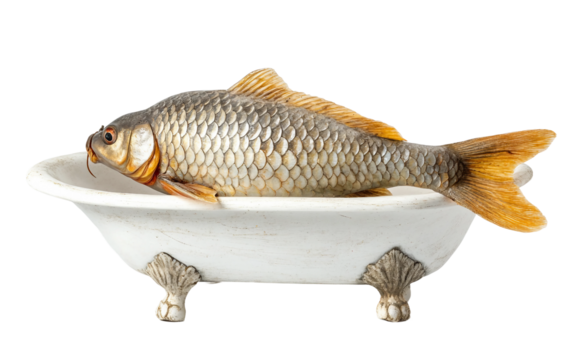 Czech carp fish in bathtub humorous Christmas tradition illustration for festive celebrations isolated on transparent background PNG