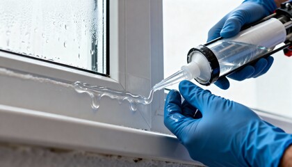 Technician applying clear sealant on glass joint focusing on transparent weatherproof adhesion to ensure energyefficient window performance.