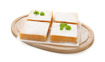 Tasty lemon bars with powdered sugar and mint isolated on white