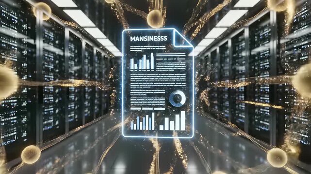 Server rooms illuminated by radiant spheres of blue and green lights, showcasing data streams on computer screens and highlighting the importance of technological innovation in data analysis.