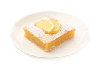 Tasty lemon bar with powdered sugar isolated on white