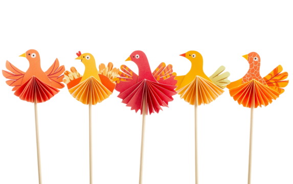 Decorative paper turkeys on sticks used as cupcake toppers for Thanksgiving and festive celebrations isolated on transparent background PNG