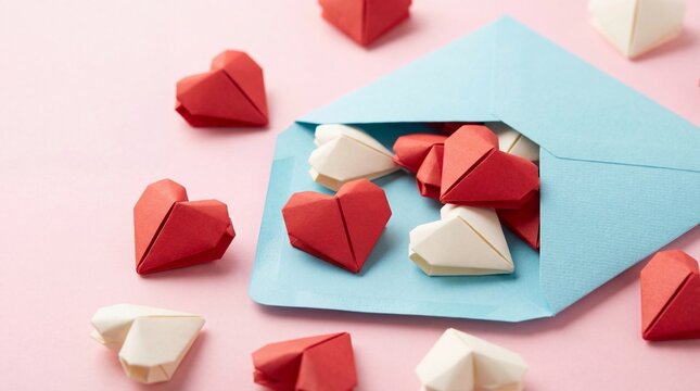 love letter envelope with paper craft hearts - flat lay on pink valentines or anniversary background with copy space