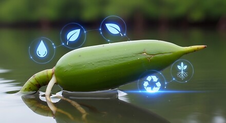 Sustainable agriculture and ecological balance symbolized by a sprouting plant in water with digital icons