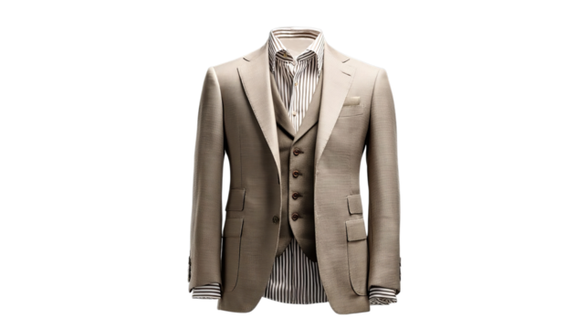 PNG of Elegant men's three-piece suit in beige with a striped dress shirt, showcasing sophistication and style.