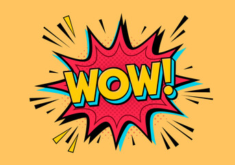 Exciting comic book style speech bubble with 'WOW!' text, bursting with energy and vibrant colors on a solid background