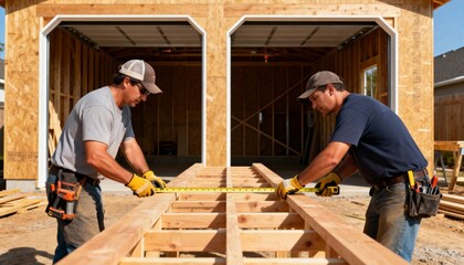 Medium shot focusing on the framing of a double garage with carpenters aligning parallel support structures for two vehicle bays.