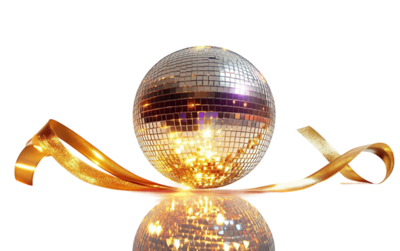 Floating disco ball casting sparkling lights creating vibrant atmosphere for festive events isolated on transparent background PNG
