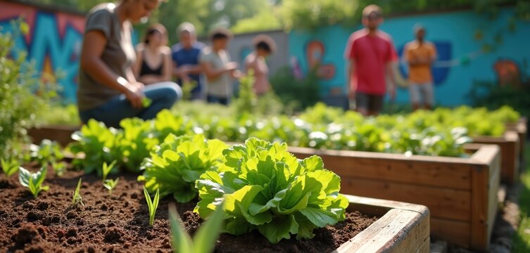 People work in sunny community garden. Tend to organic vegetables like fresh lettuce in wooden raised beds. Urban residents grow food together, fostering sustainability, local eco initiatives. Green