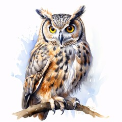 Naklejka premium Watercolor illustration of a long-eared owl perched on a branch against a white background