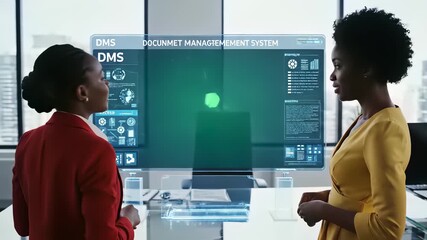 Two professional women in a meeting room setting celebrating a successful project completion with a large screen displaying a check mark, conceptually representing effective management.