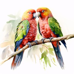 Obraz premium Two sun conures perched together on a branch in watercolor style illustration