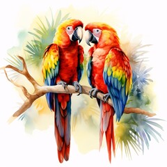 Fototapeta premium Two scarlet macaws perched together on a branch with a tropical background