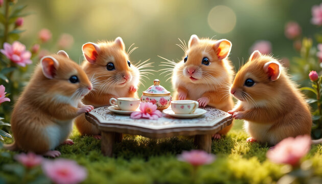 Four cute golden hamsters tea party meeting in sunny garden. Adorable furry friends sit together at miniature table. Tiny rodent pets drink tea from small cups, talking, socializing amongst pink