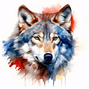 Watercolor wolf portrait in a blend of blues, browns, and reds