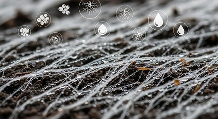 Microscopic View of Soil and Root System with Digital Icons Depicting Water and Nutrients