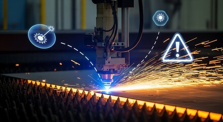 High-tech industrial laser cutting machine in full operation, showcasing advanced manufacturing processes, automation, and smart factory digital monitoring technology