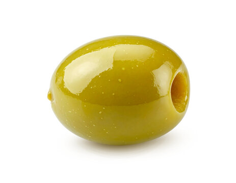 Fresh single green pimento stuffed olive with water droplets