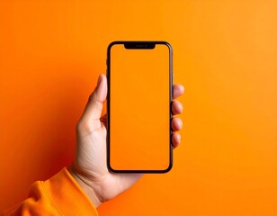 Hand holding smartphone against bright orange background with an empty orange screen and placeholder design. Ideal for showcasing mobile apps, UI/UX concepts, and digital branding presentations.