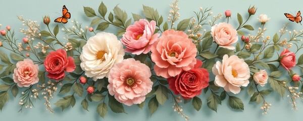 Vibrant floral arrangement features blooming roses, delicate blossoms with green leaves, two orange butterflies. Pastel colors create dreamy, romantic, vintage aesthetic perfect for wedding