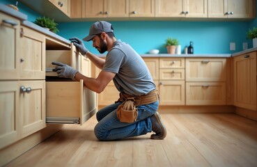 Young man kneels, checks drawer slides in light wood kitchen cabinets. He wears work gloves, a tool belt, and a cap, focused on his carpentry task. Professional home improvement.