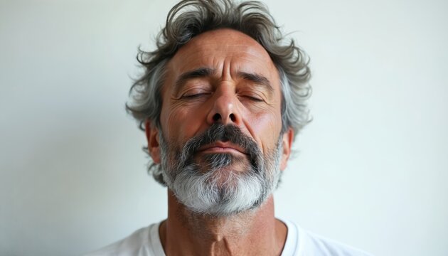 Mature man with gray hair and beard closes eyes in quiet studio. He looks relaxed and peaceful, possibly meditating or contemplating. Natural light highlights his calm expression.
