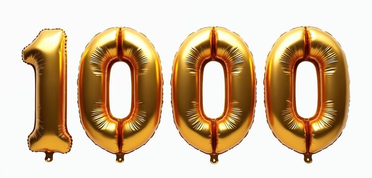 Golden number 1000 balloons isolated on white background for party decoration or celebrating subscriber milestones. Shiny helium number foil.