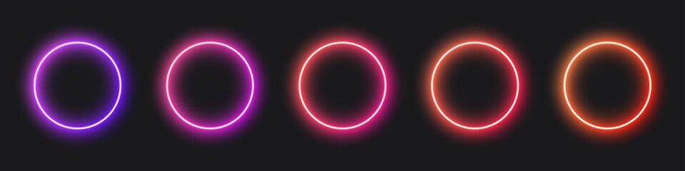 A series of neon circles displaying vibrant gradient colors, perfect for digital design or abstract concepts.