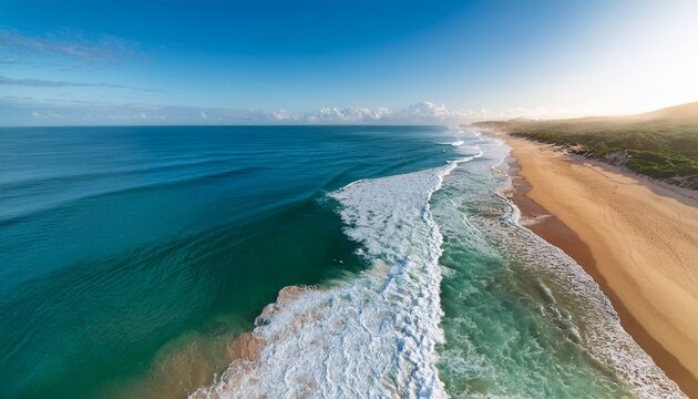 serene ocean waves gently rolling onto a sandy beach aerial view - Powered by Adobe