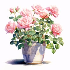 Watercolor painting of a potted pink rose bush isolated on a white background