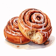 Fototapeta premium Delicious watercolor cinnamon rolls with creamy icing, ready to eat and enjoy for breakfast