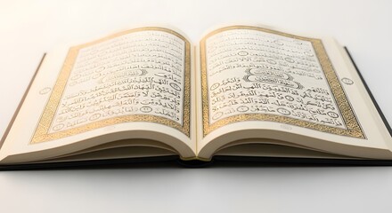 Obraz premium Open sacred book with beautiful Arabic calligraphy and ornate pages on a clean white background