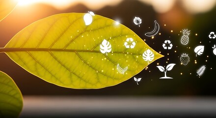 A vibrant green leaf illuminated by sunlight, surrounded by ethereal icons representing nature's bounty and sustainable living