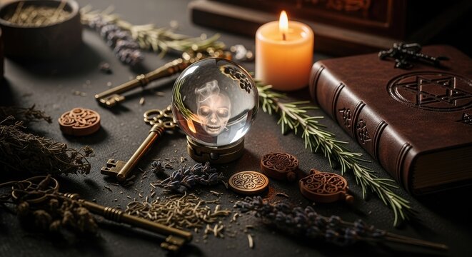 Occult ritual setup. Crystal ball showing mystic face, glowing candle, ancient book with symbols, weathered keys, and dried herbs on dark textured surface. Mysticism, magic, divination. - Powered by Adobe