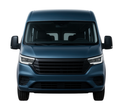 Compact minibus featuring oversized side mirrors and LED lighting.