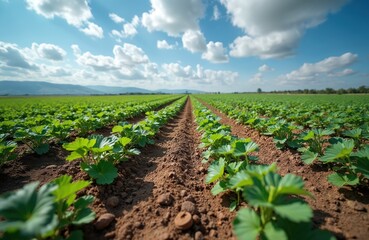 Young strawberry plants grow in neat rows on large farm. Bright green leaves contrast with dark soil under blue sky with clouds. Farming landscape shows agricultural growth and potential for harvest.