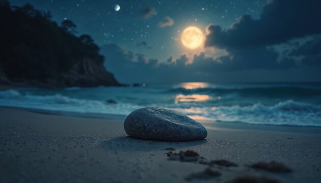 Nighttime beach scene with calm ocean waves under a full moon and starry sky. A smooth stone rests on the wet sand near the shore, evoking tranquility and peacefulness. - Powered by Adobe