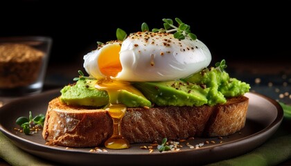 delicious avocado toast with poached egg and spices on seeded bread
