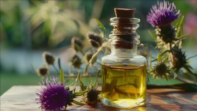 A bottle of oil is on a table next to some flowers. The bottle is clear and has a cork stopper