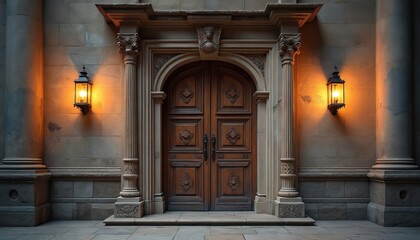 Ornate doorway in ancient building intricate stonework, wood details. Aged entrance features large arched door illuminated by warm lanterns. Historic gateway suggests timeless elegance, architectural