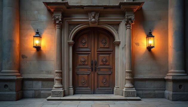 Ornate doorway in ancient building intricate stonework, wood details. Aged entrance features large arched door illuminated by warm lanterns. Historic gateway suggests timeless elegance, architectural - Powered by Adobe