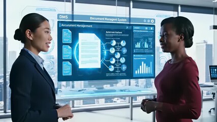 Businesswomen analyzing data on large screen, hands gesturing as they discuss concepts and document management in 4K UHD, perfect for technology, innovation, and leadership projects.