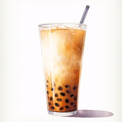 Refreshing boba tea drink with tapioca pearls in a tall glass