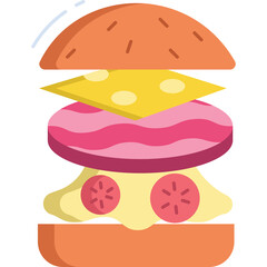 Colorful Illustrated Burger With Orange Bun Yellow Cheese Pink Ham and Red Tomatoes On A Transparent Background
