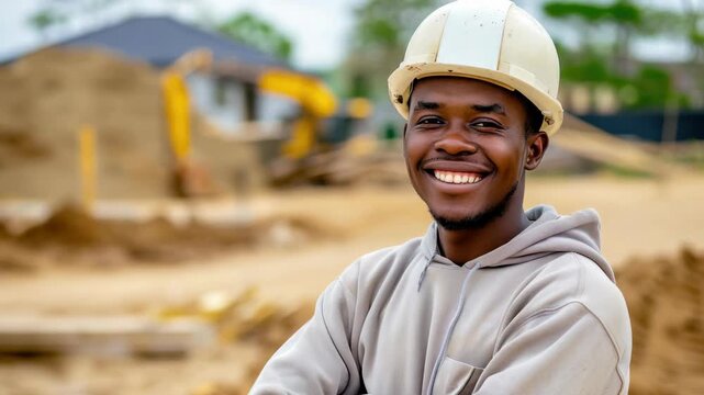 A man wearing a hard hat and smiling at the camera on a construction site.